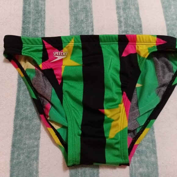 VINTAGE 1" SIDES SPEEDO SWIM BRIEF, SIZE 32", GREEN / BLACK STRIPE (*) Pre-owned - Picture 1 of 8